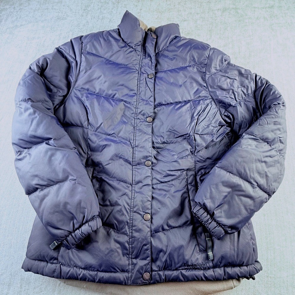 LL Bean Womens Navy Blue Ripstop Fleece Lined‎ Puffer Jacket Chevron Quilt Coat